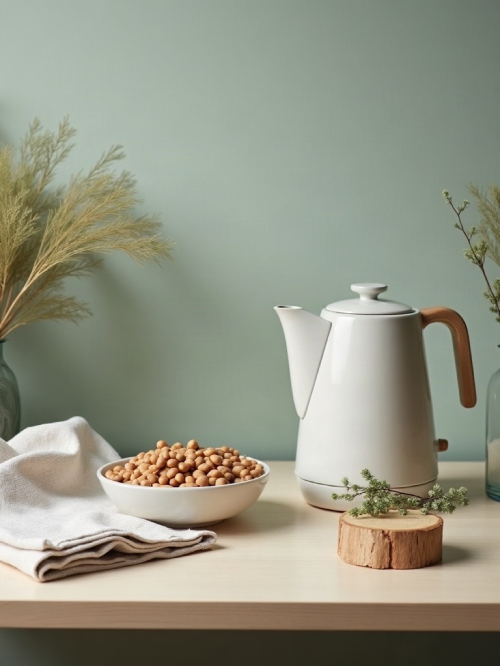 Desk still life with field beans, a timber offcut, linen, and a kettle