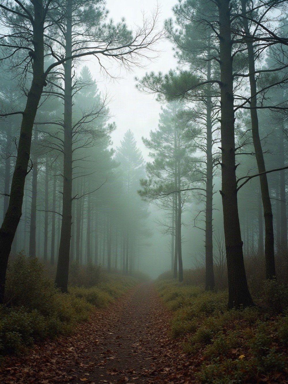 Misty mixed pine woodland with a leaf-covered path