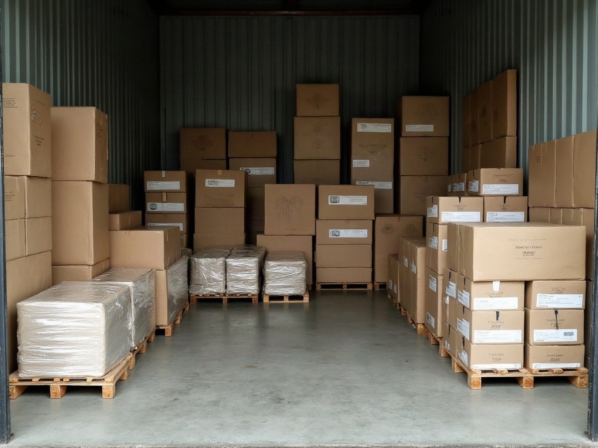 Pallets of paper goods, soap cartons, and folded textiles