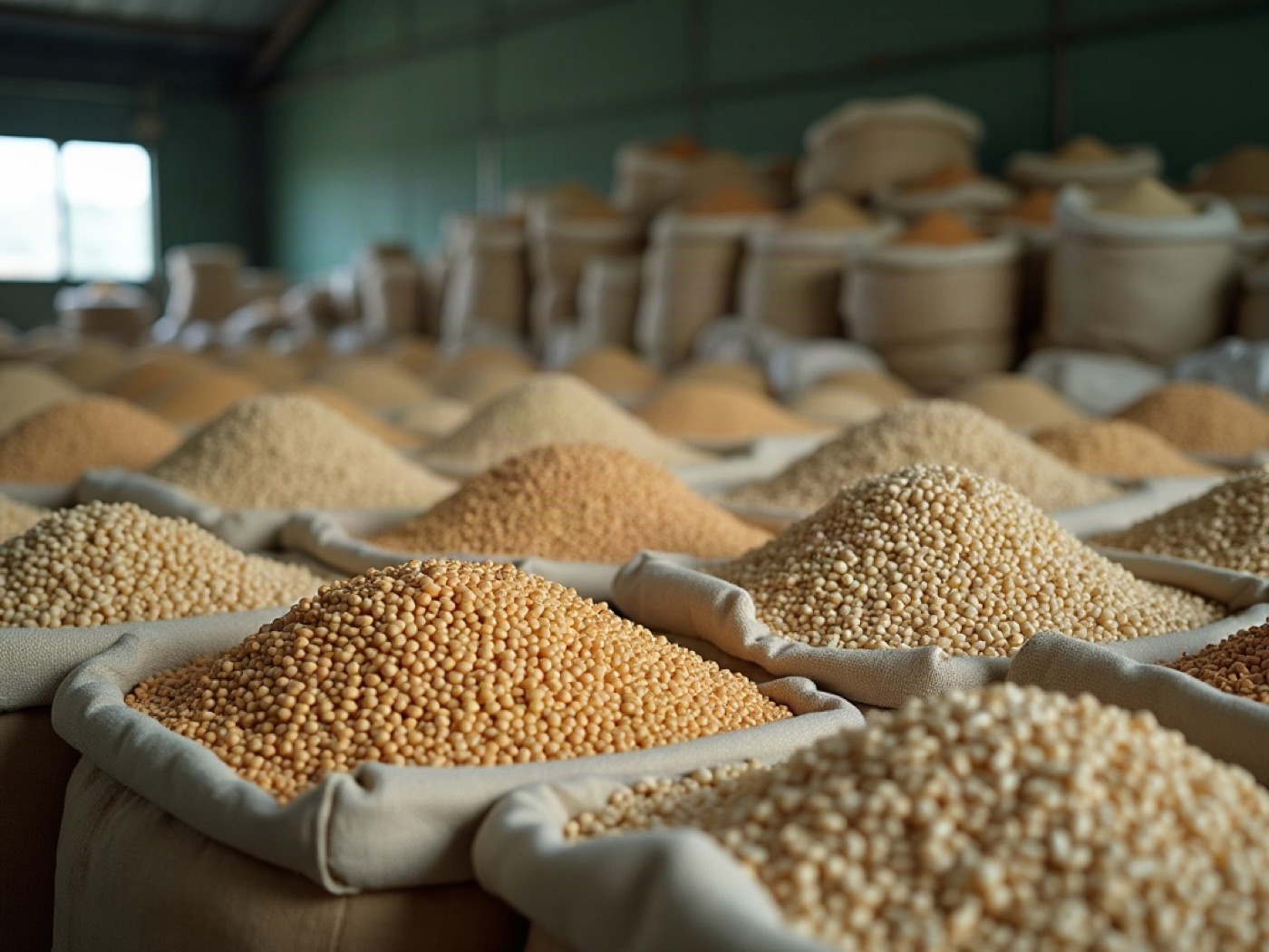 Field beans and grain in open bins and linen sacks