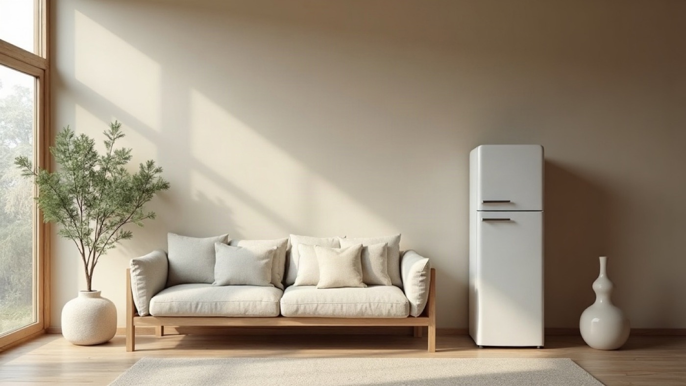 Eco showroom with oak, linen, a refrigerator, and a ceramic lamp